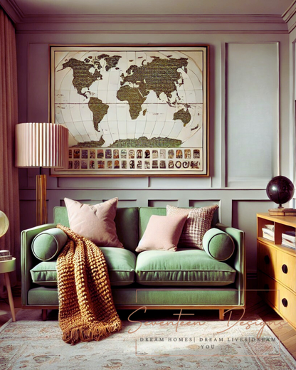 Living room with green sofa, world map on wall, and decorative items. With Seventeen Designs Branding