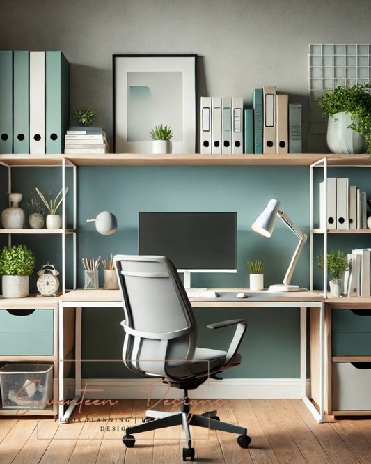 Modern home office with desk, chair, computer, and shelves. With Seventeen Designs Branding