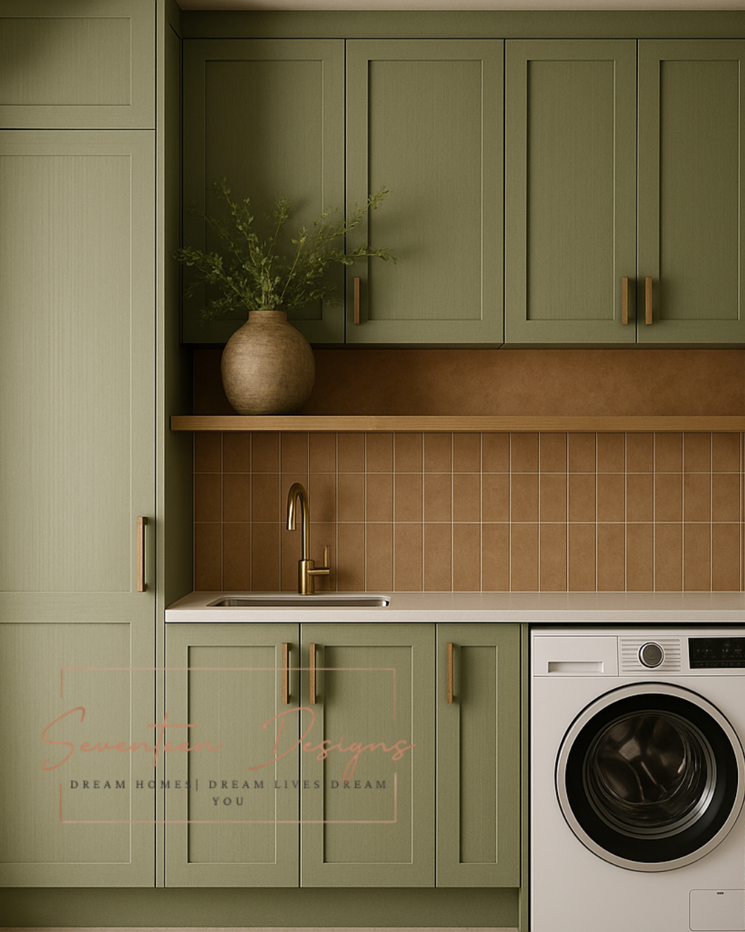 Modern kitchen with green cabinets, wooden backsplash, and washing machine. With Seventeen Designs Branding
