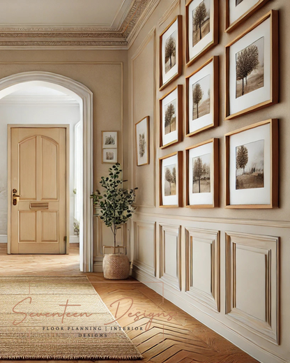 Neatly arranged hallway with wooden door, decorative plant, and framed pictures on a wall. With Seventeen Designs Branding