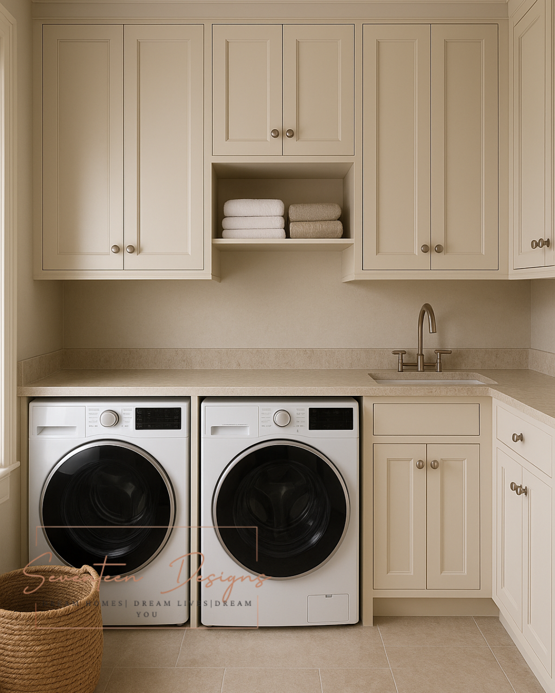 Laundry room with white washing machines, beige cabinets, and a sink. With Seventeen Designs Branding