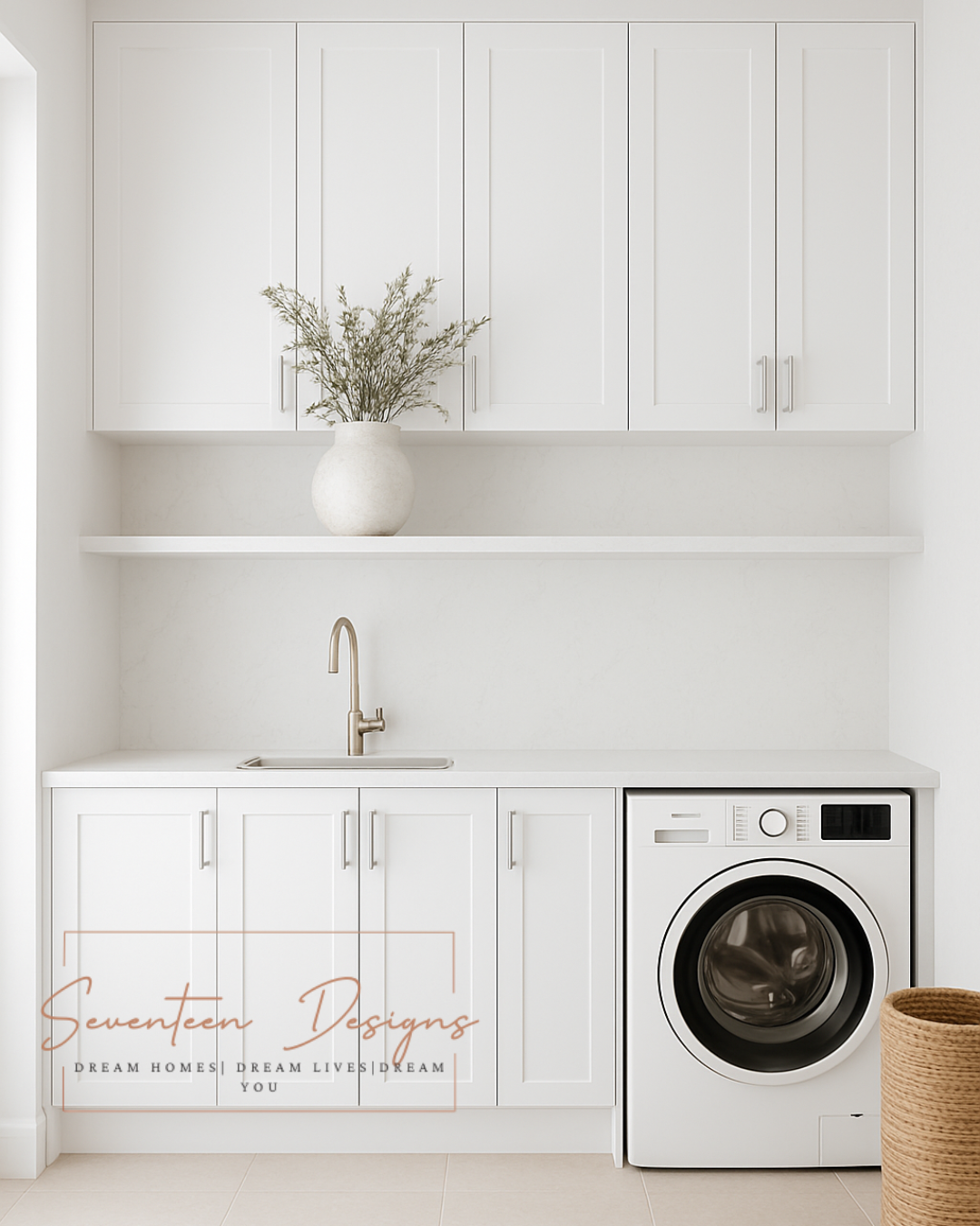 Modern laundry room with white cabinets, washing machine, and sink. With Seventeen Designs Branding