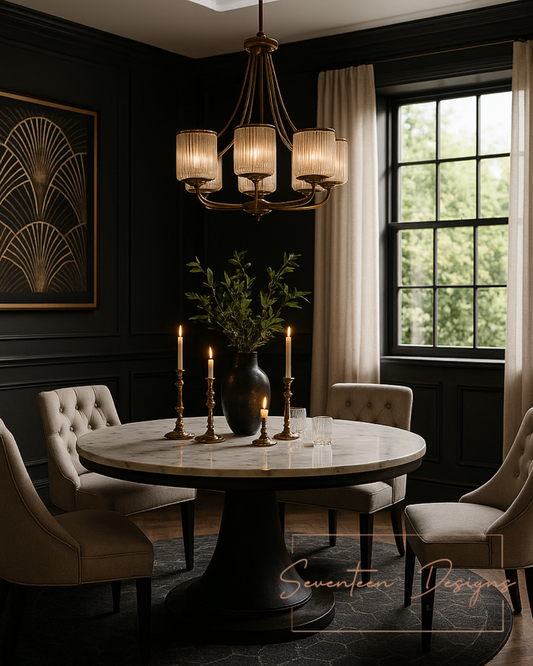 Dining room with round table, chairs, and decorative elements with Seventeen Designs Logo