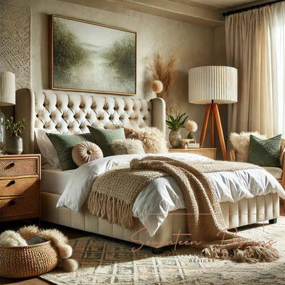 Cozy bedroom with tufted bed, decorative pillows, and a lamp. With Seventeen Designs Branding