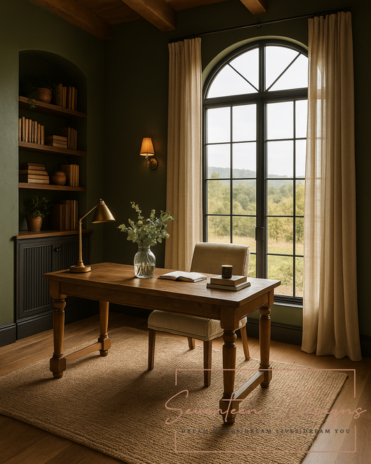 Wooden desk in a room with a large window, bookshelf, and lamp with Seventeen Designs logo