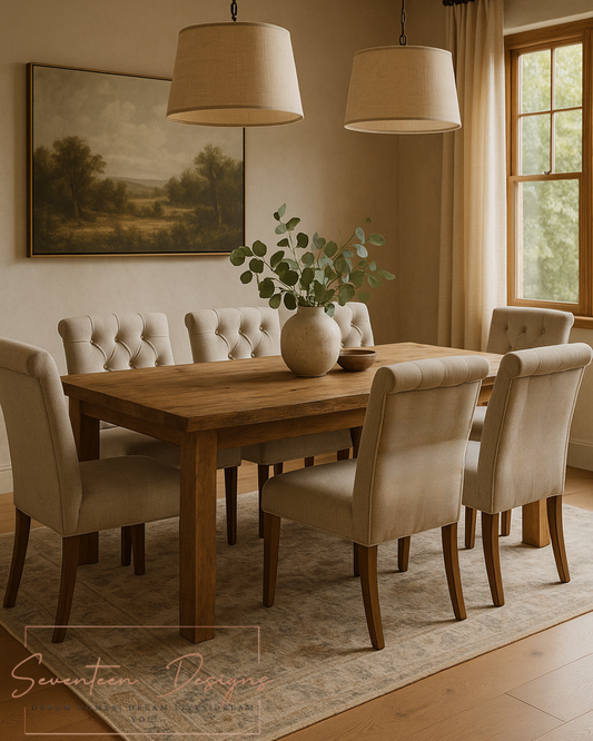 Dining room with wooden table and beige chairs, featuring a painting on the wall with Seventeen Designs Logo