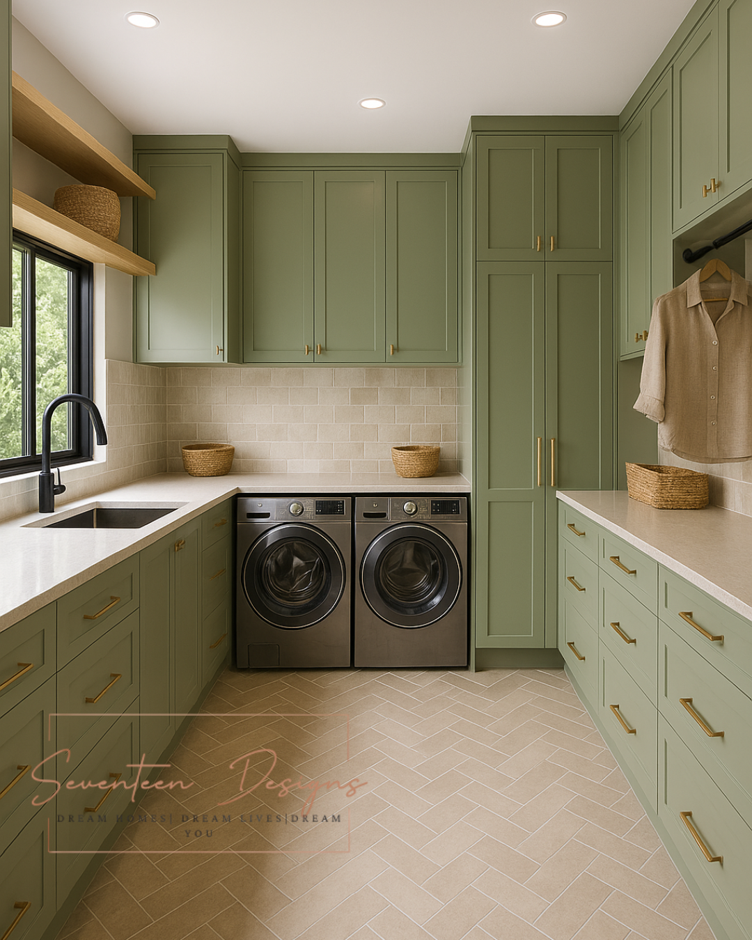 Modern laundry room with green cabinets, washer, dryer, and light-colored floor. With Seventeen Designs Branding