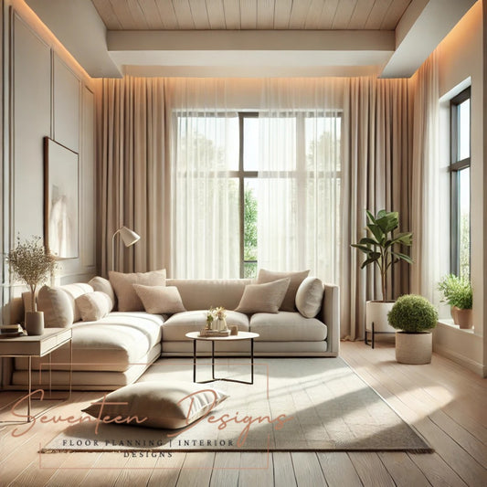 Modern living room with a gray sectional sofa, coffee table, and decorative plants. With Seventeen Designs Branding