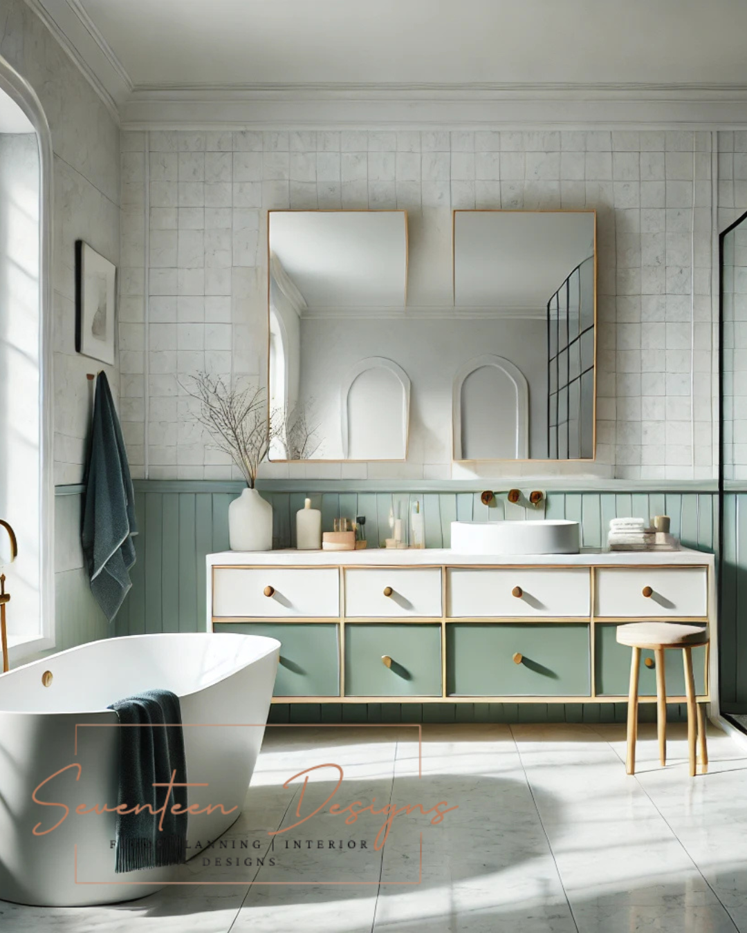 Modern bathroom with white freestanding bathtub, vanity, and mirrors. With Seventeen Designs Branding