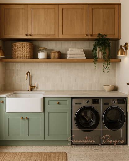 Modern kitchen with wooden cabinets, a white sink, and laundry machines with Seventeen Designs Logo
