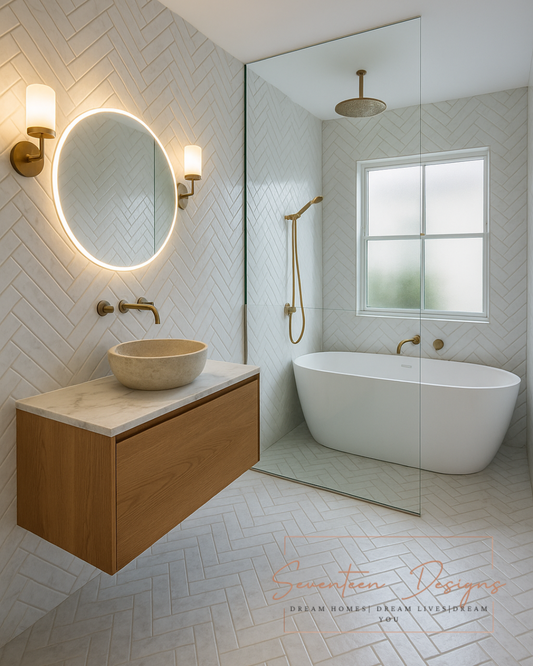 Modern bathroom with wooden vanity, round mirror, and freestanding bathtub with Seventeen Designs Logo