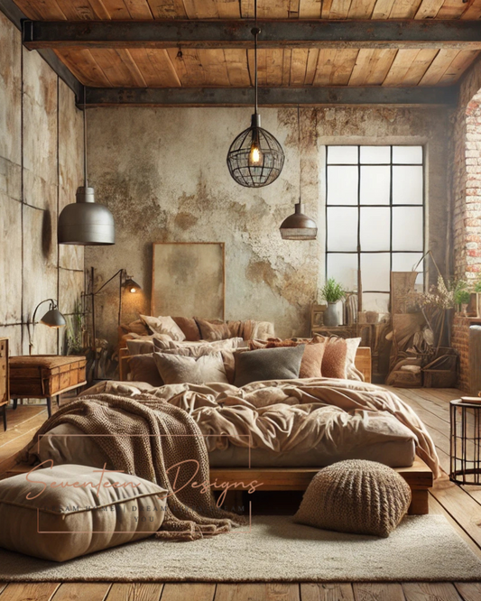 Cozy bedroom with rustic decor, wooden beams, and a large window. with Seventeen Designs Branding