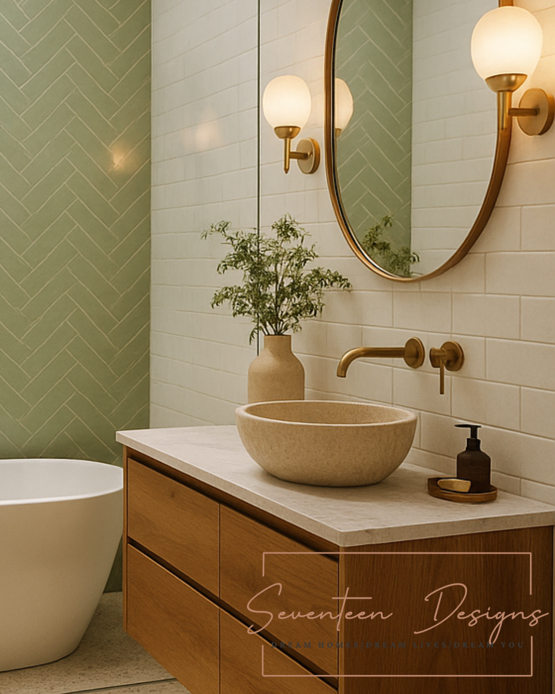 Bathroom with wooden vanity, beige sink, and decorative elements with Seventeen Designs Logo