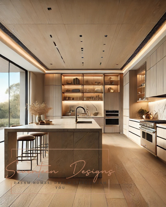 Modern kitchen with wooden island and cabinets, featuring 'Seventeen Designs Branding