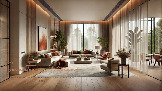 Modern living room with stylish furniture and decor  with Seventeen Designs branding