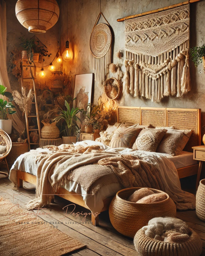 Cozy bedroom with rustic decor, including a bed, wall hangings, and plants. with Seventeen Designs Branding