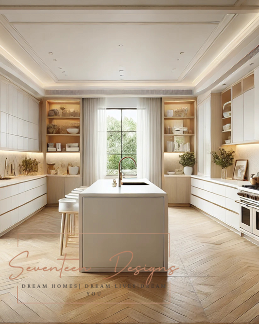 Modern kitchen with white island and wooden flooring, featuring 'Seventeen Designs' branding.