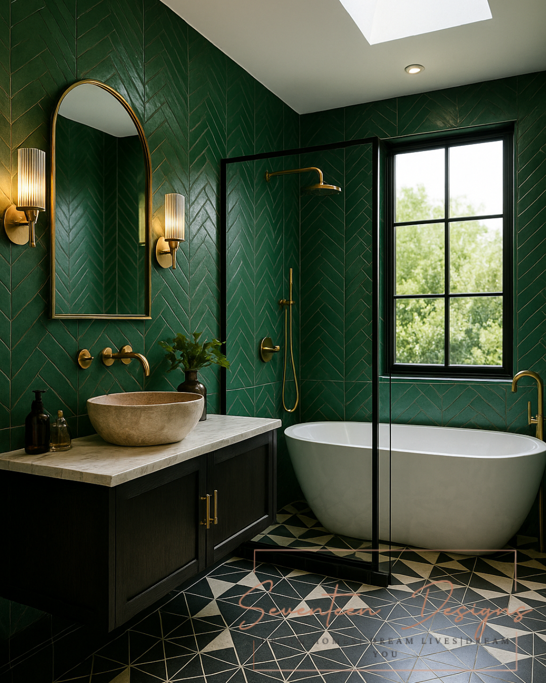 Modern bathroom with green tiles, white bathtub, and gold fixtures with Seventeen Designs Logo