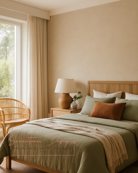 Neatly made bed with green bedding and wooden headboard in a bedroom setting. With Seventeen Designs Branding
