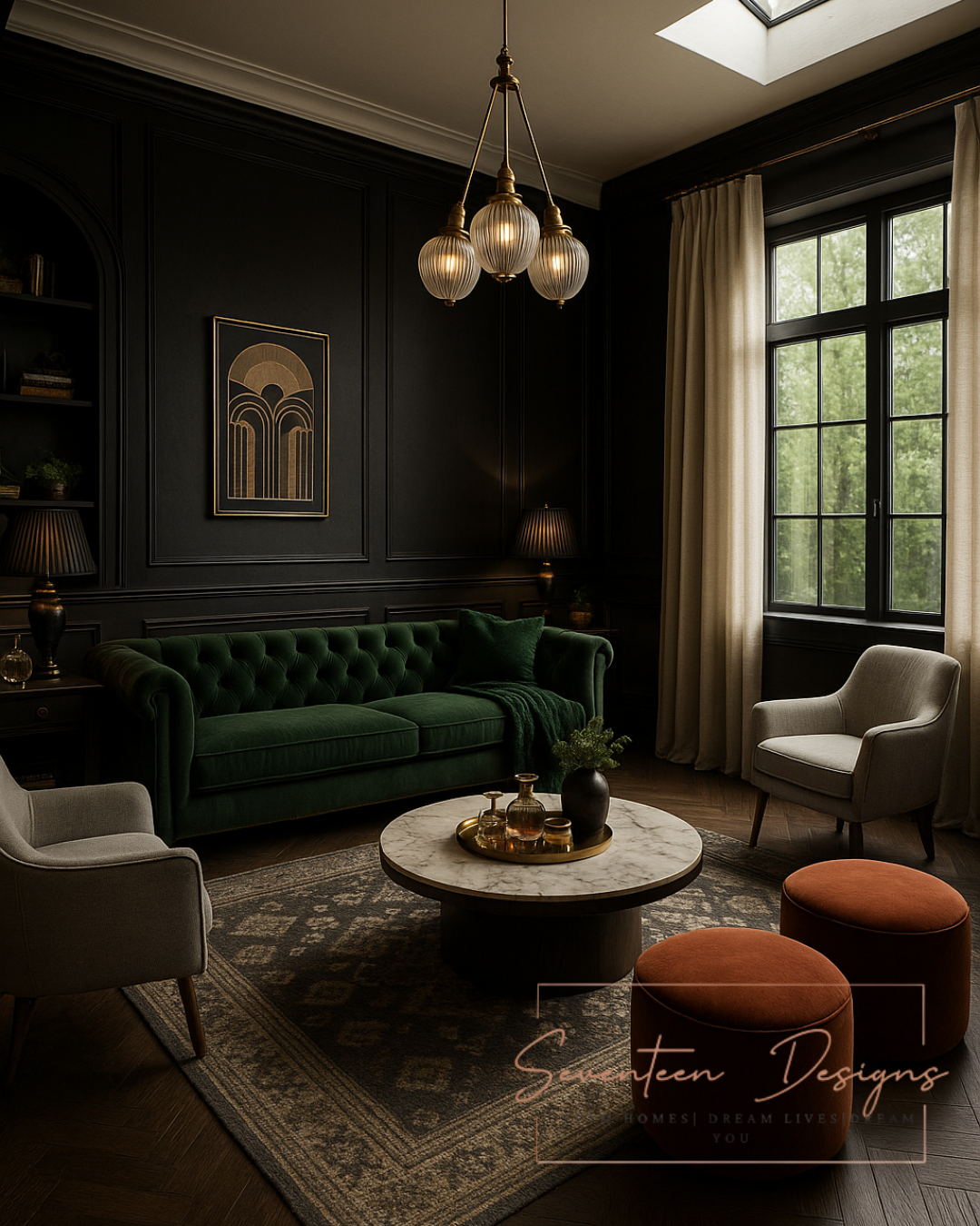 Modern living room with dark walls, green sofa, and decorative elements with Seventeen Designs Logo