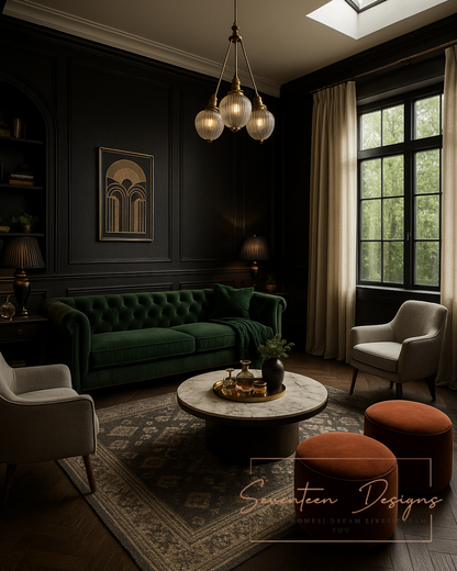 Modern living room with dark walls, green sofa, and decorative elements with Seventeen Designs Logo