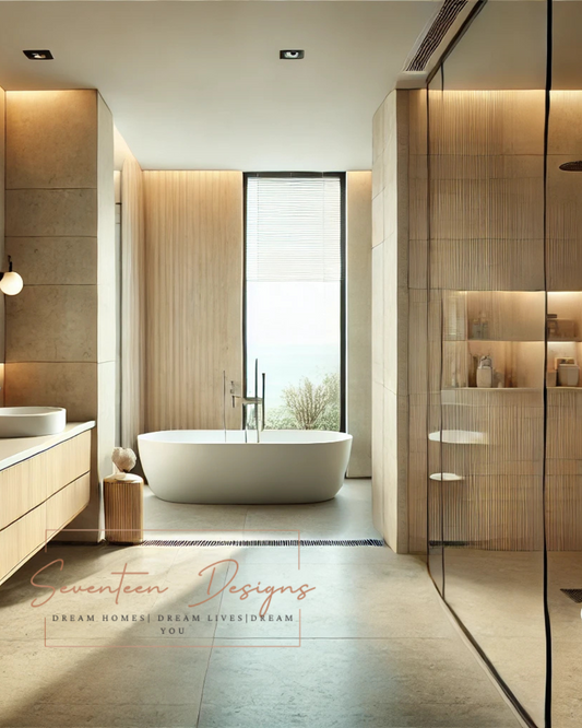 Modern bathroom with freestanding bathtub, shower area, and large window.  with Seventeen Designs branding