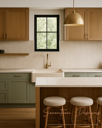 Modern kitchen with wooden cabinets, white countertops, and a window above the sink. With Seventeen Designs Branding