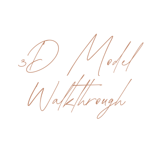 Handwritten style text '3D Model Walkthrough' in brown color on a white background by Seventeen Designs
