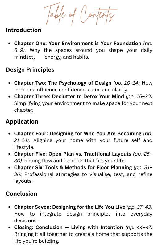 Table of contents for a book or document on interior design principles and practices. By Seventeen Designs