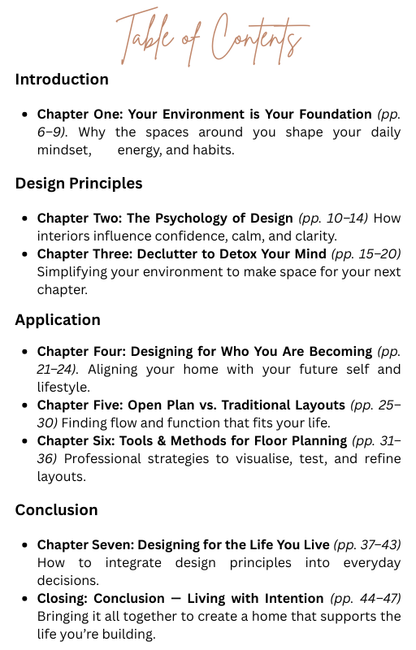 Table of contents for a book or document on interior design principles and practices. By Seventeen Designs