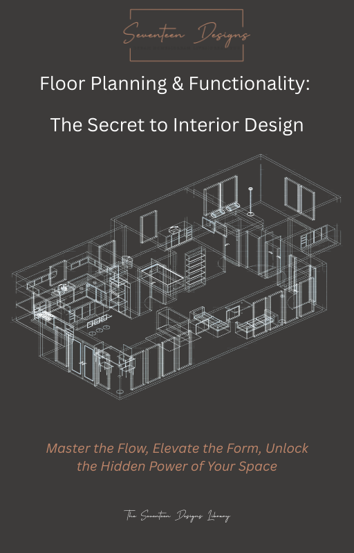 Floor plan of a modern interior design with text about floor planning and functionality on a dark background. by Seventeen Designs