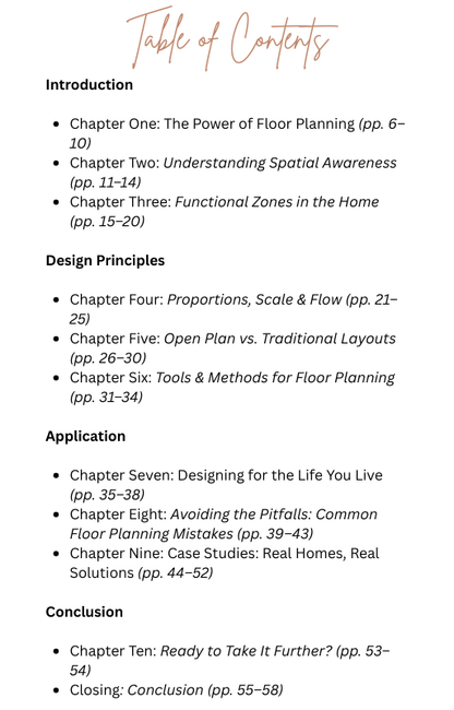 Table of contents for a book on floor planning with chapter headings and page ranges. by Seventeen Designs