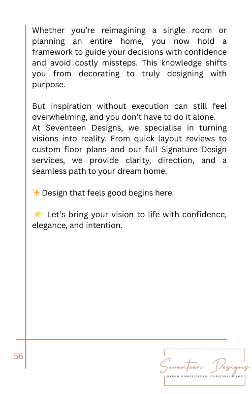 Text on a white background with a gold border, promoting design services from Seventeen Designs.