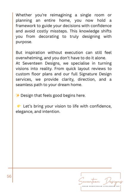 Text on a white background with a gold border, promoting design services from Seventeen Designs.
