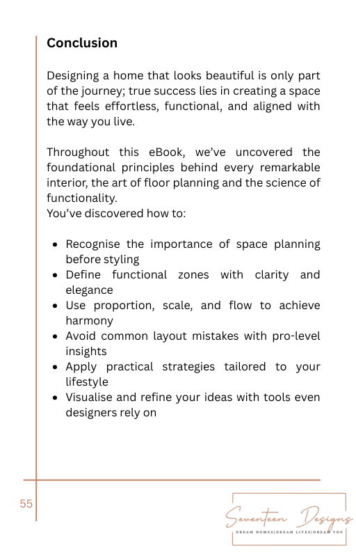 Conclusion page of an eBook on home design principles with text and a brand logo. By Seventeen Designs