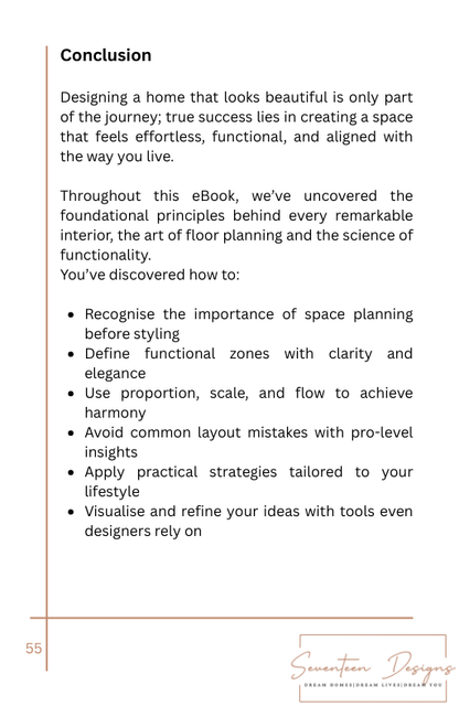 Conclusion page of an eBook on home design principles with text and a brand logo. By Seventeen Designs
