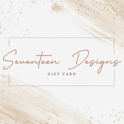 Gift card with 'Seventeen Designs' branding on a textured beige background