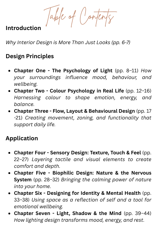 Table of contents for a book on interior design principles and applications. By Seventeen Designs