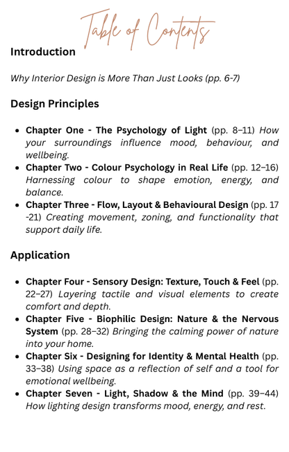 Table of contents for a book on interior design principles and applications. By Seventeen Designs