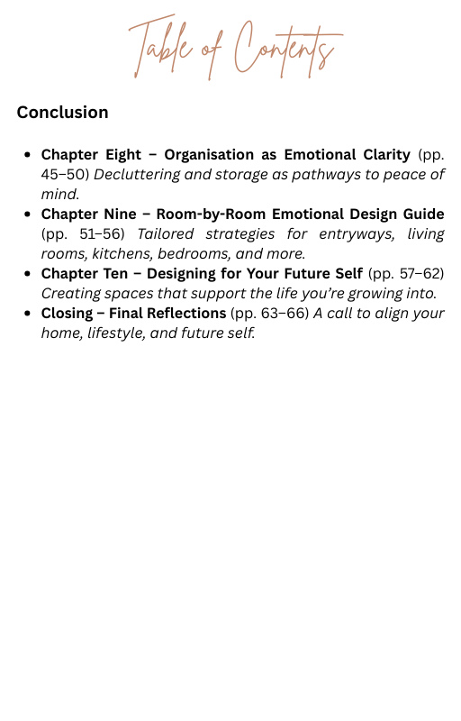 Table of contents for a book or document on emotional design and organization. By Seventeen Designs