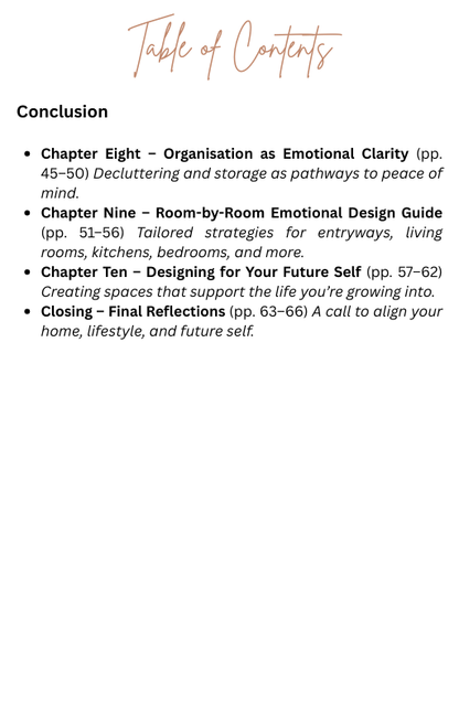 Table of contents for a book or document on emotional design and organization. By Seventeen Designs