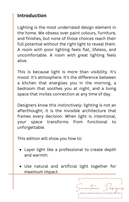 Text document about lighting design in homes with a brand logo at the bottom. By Seventeen Designs