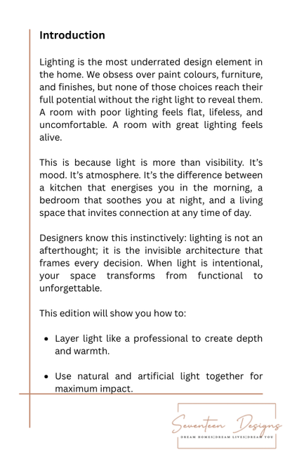 Text document about lighting design in homes with a brand logo at the bottom. By Seventeen Designs