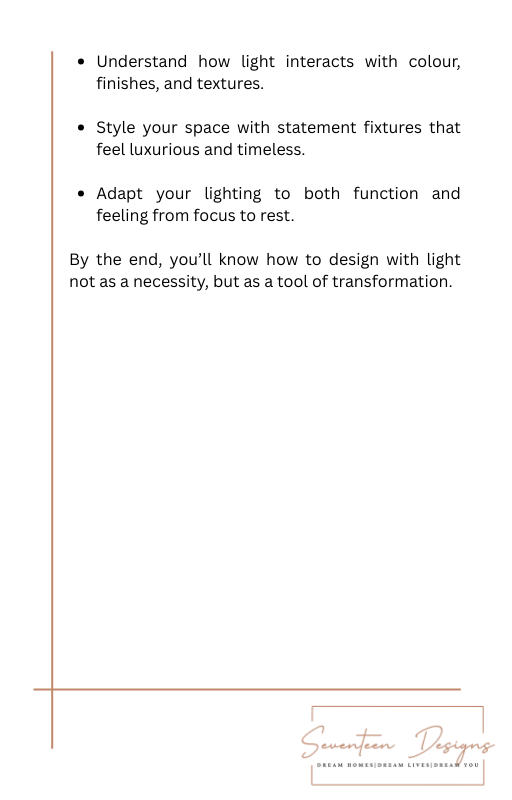 Text on a white background with a gold line, discussing light's interaction with color, finishes, and textures. By Seventeen Designs