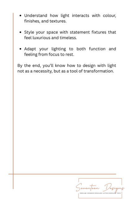 Text on a white background with a gold line, discussing light's interaction with color, finishes, and textures. By Seventeen Designs