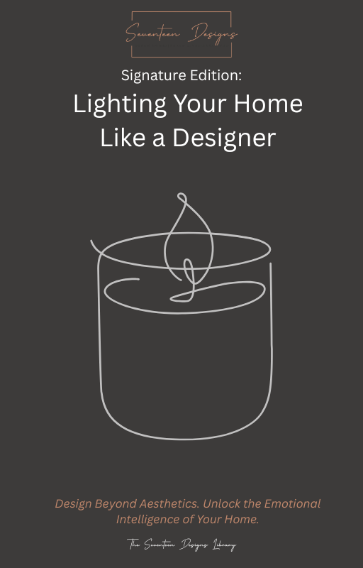 Book cover with a candle illustration and text about home design. By Seventeen Designs