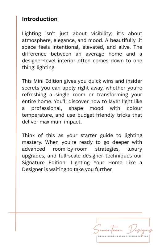 Text document about lighting design for homes with a minimalistic design. By Seventeen Designs