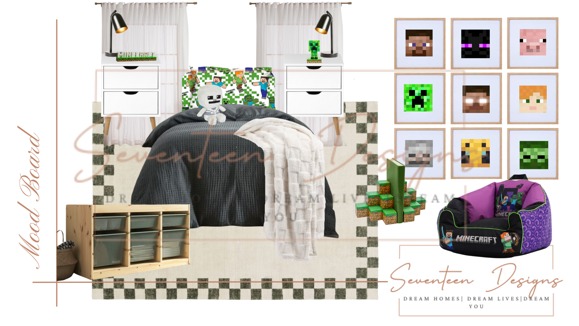 Minecraft-themed bedroom with bed, nightstands, and decor With Seventeen Designs Branding