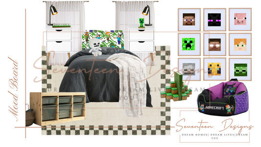 Minecraft-themed bedroom with bed, nightstands, and decor With Seventeen Designs Branding