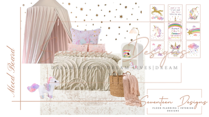 Children's bedroom with pink canopy bed, decorative pillows, and wall art featuring unicorns and rainbows. With Seventeen Designs Branding